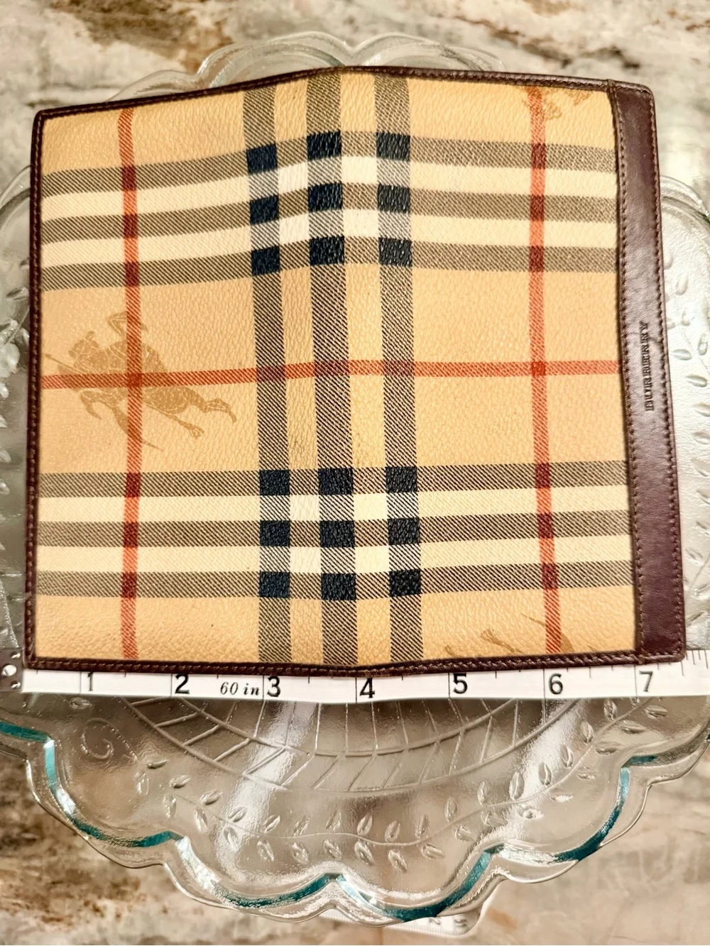 Authentic Burberry Beige Plaid Checkbook holder with Brown Trim and Red Stripe